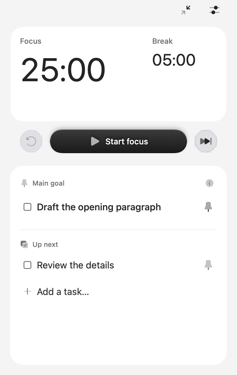The native Modern desk, with a pinned main goal and a short list of upcoming tasks